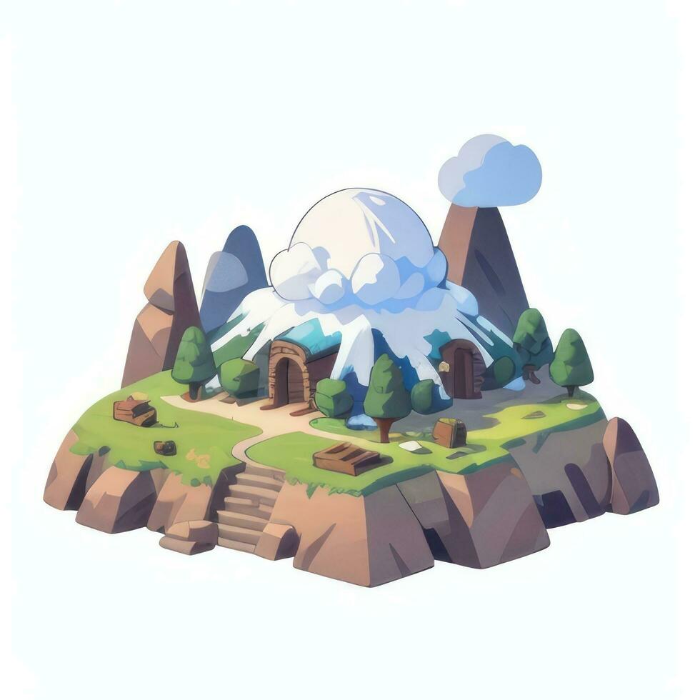 AI generated Isometric 3D Volcano on Island Icon Clip Art Sticker Decoration Simple Background photo