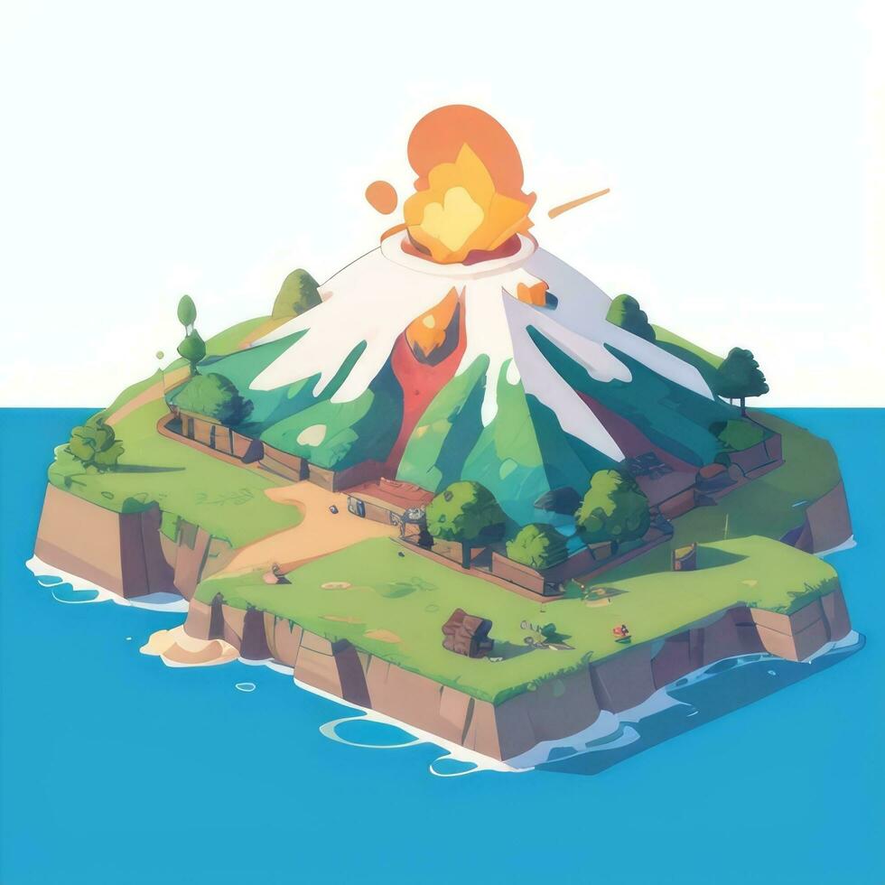 AI generated Isometric 3D Volcano on Island Icon Clip Art Sticker Decoration Simple Background photo