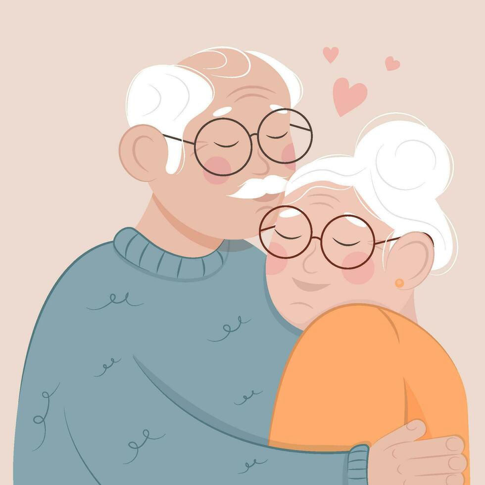 Envejecido personas en amor. contento personas mayores juntos. antiguo hombre y antiguo mujer abrazando dibujos animados gente. vector ilustración en plano estilo.