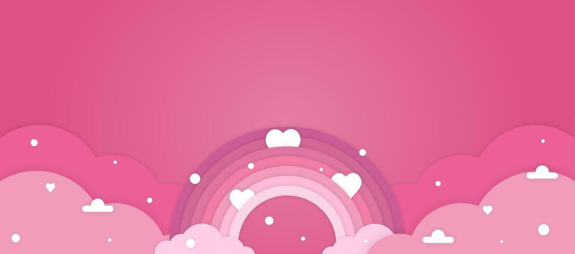 Paper cut background for text with rainbow and clouds on pink background. vector