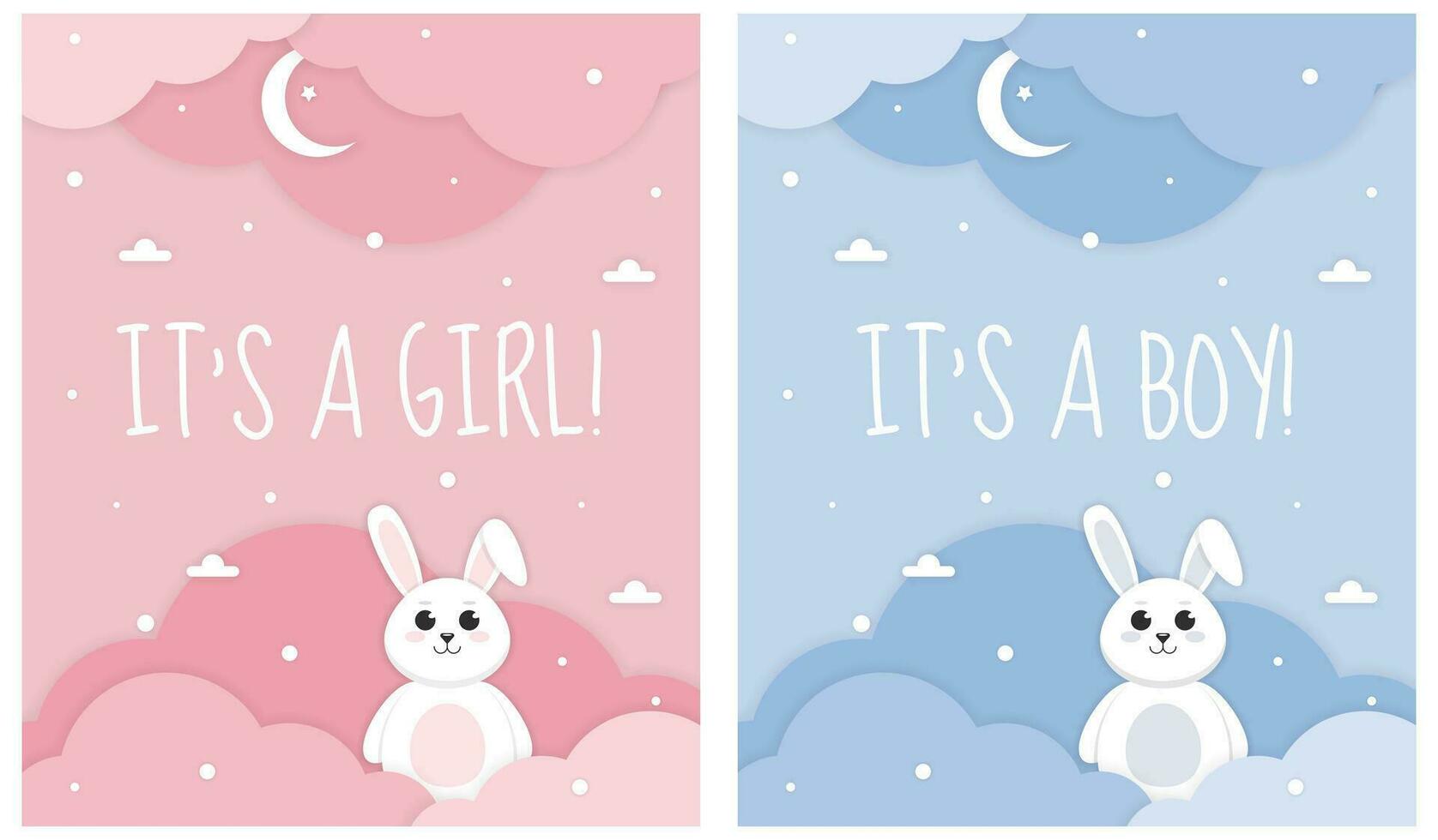 Its a girl, Its a boy card. Set of invitation card for baby new born celebration with cartoon rabbit and clouds. Paper cut style. Vector illustration