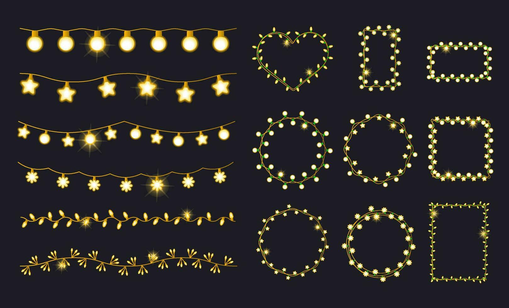 Set of golden bell fairy lights garland in the black background isolated. Christmas frames vector