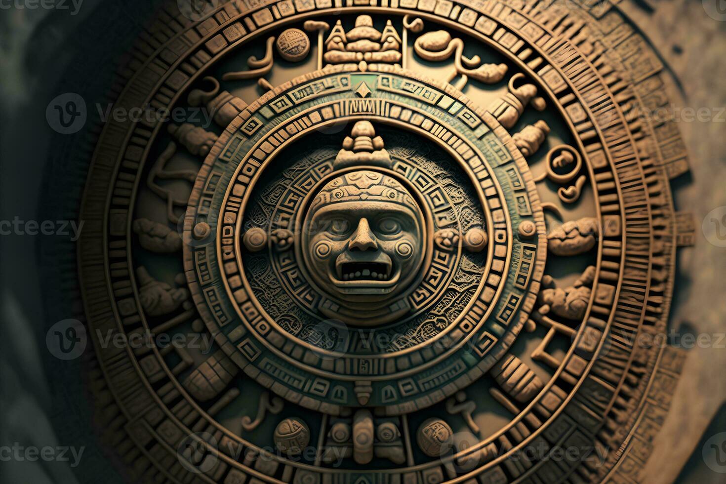 AI generated Close view of the ancient Aztec mayan calendar with round pattern and relief on stone surface. Neural network generated art photo