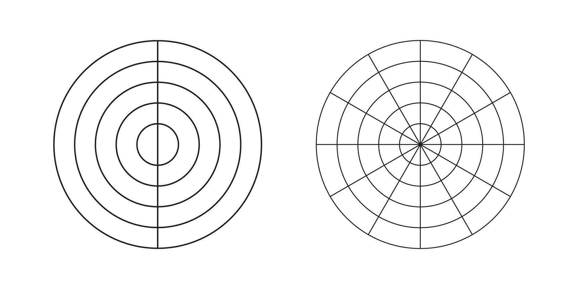 Wheel of life template. Set of simple coaching tool for visualizing all areas of life. Polar grids of 2, 12 segments and 4 concentric circles. Blanks polar graph paper. Diagram of life style balance. vector