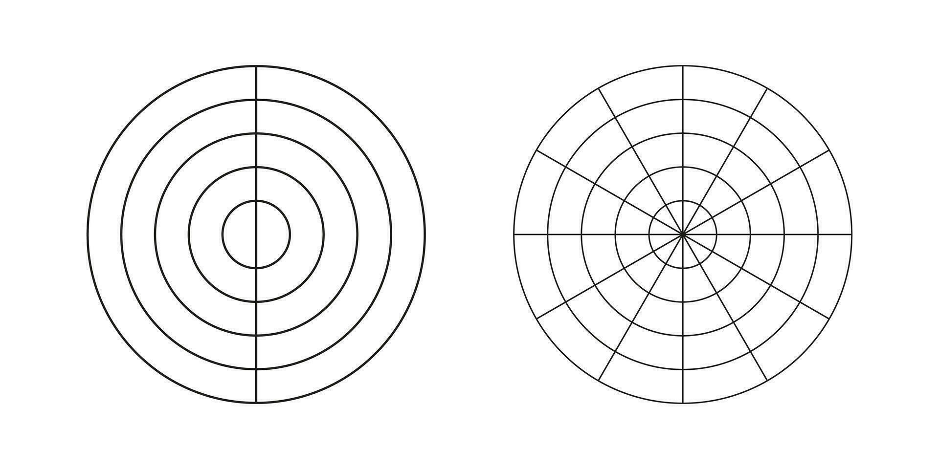 rueda de vida modelo. conjunto de sencillo entrenamiento herramienta para visualizante todas areas de vida. polar rejillas de 2, 12 segmentos y 4 4 concéntrico círculos espacios en blanco polar grafico papel. diagrama de vida estilo balance. vector