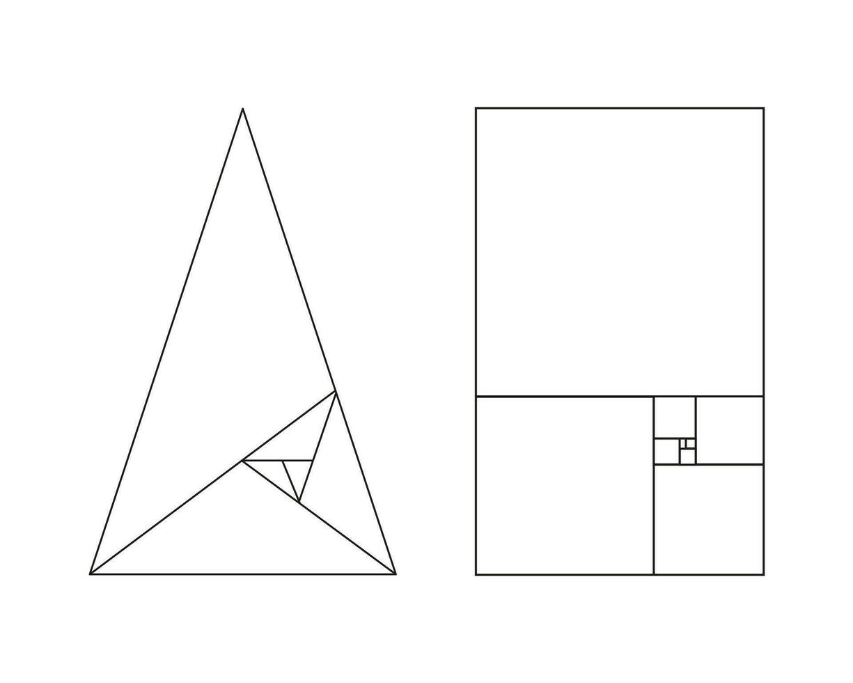 Golden ratio template. Set of method golden section shapes. Fibonacci array, numbers. Harmony proportions logo. Golden ratio triangle. Outline illustration. Abstract vector background.