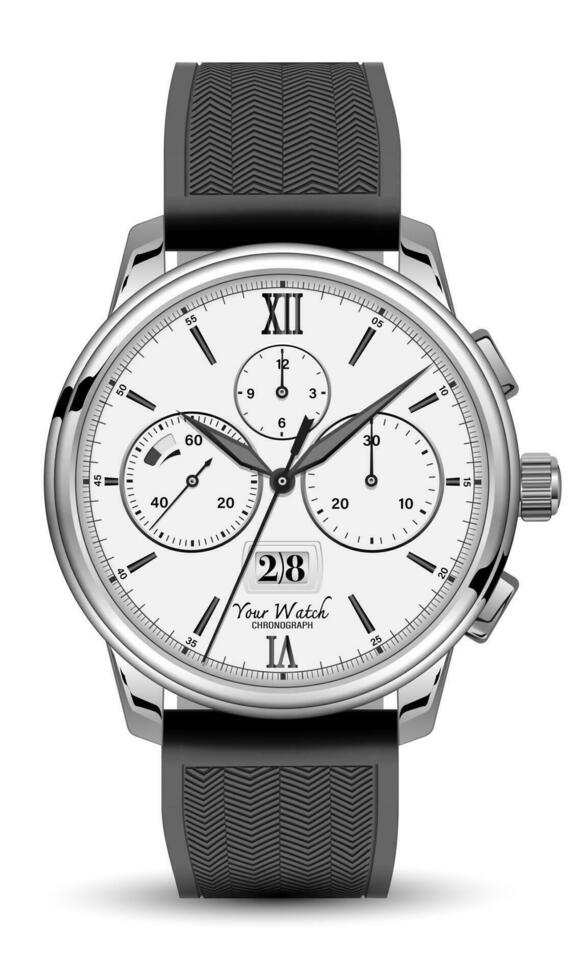 Realistic watch clock chronograph face silver dark grey rubber strap on white design classic luxury vector
