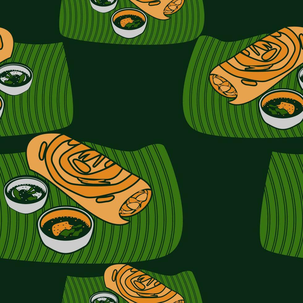 editable oscuro antecedentes parte superior lado ver indio condimento dosa con chatney y sambar en plátano hoja vector ilustración sin costura modelo para cocina relacionado diseño con sur asiático cultura y tradicion