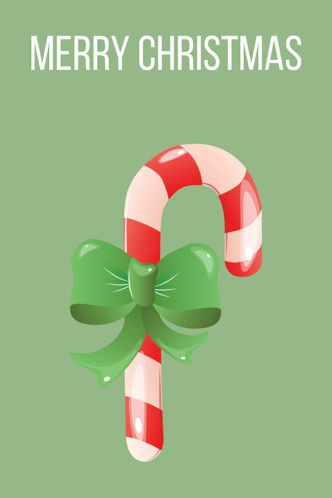 Christmas card with candy cane shaped candy cane with red stripes and big green bow with shadows and highlights. With textom. Vertical. Vector