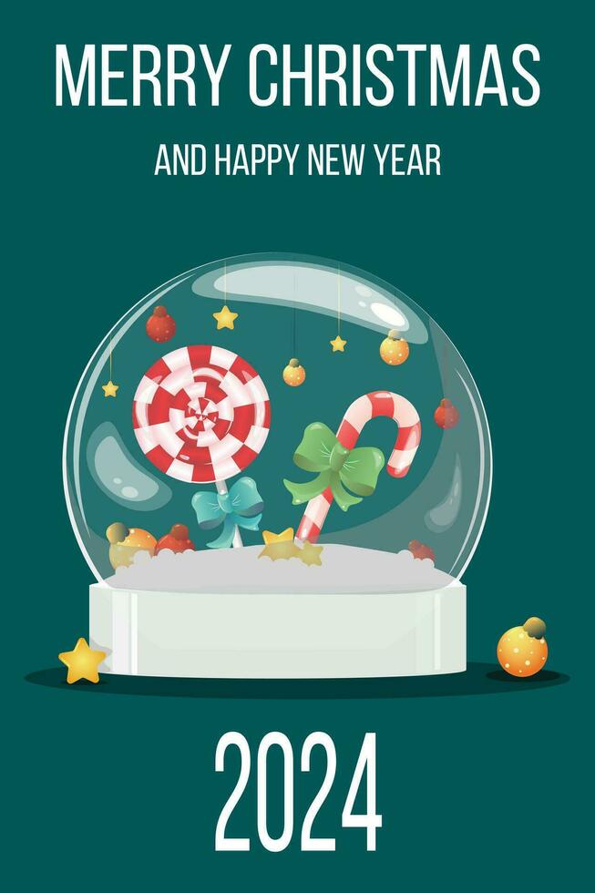 Christmas card with souvenir transparent Christmas ball with snow, red and yellow balls, stars and striped candy inside on dark background. Greeting text. Vertical. Vector