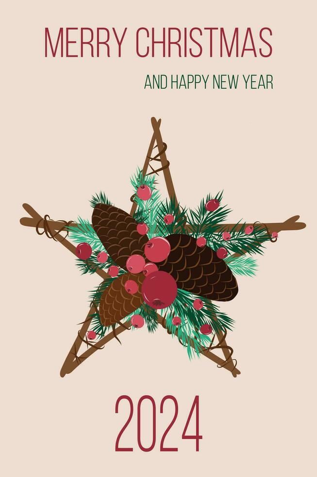 Christmas card with green spruce wreath and brown branches with brown cones, red berries in the shape of a star. With text. Vertical. Vector
