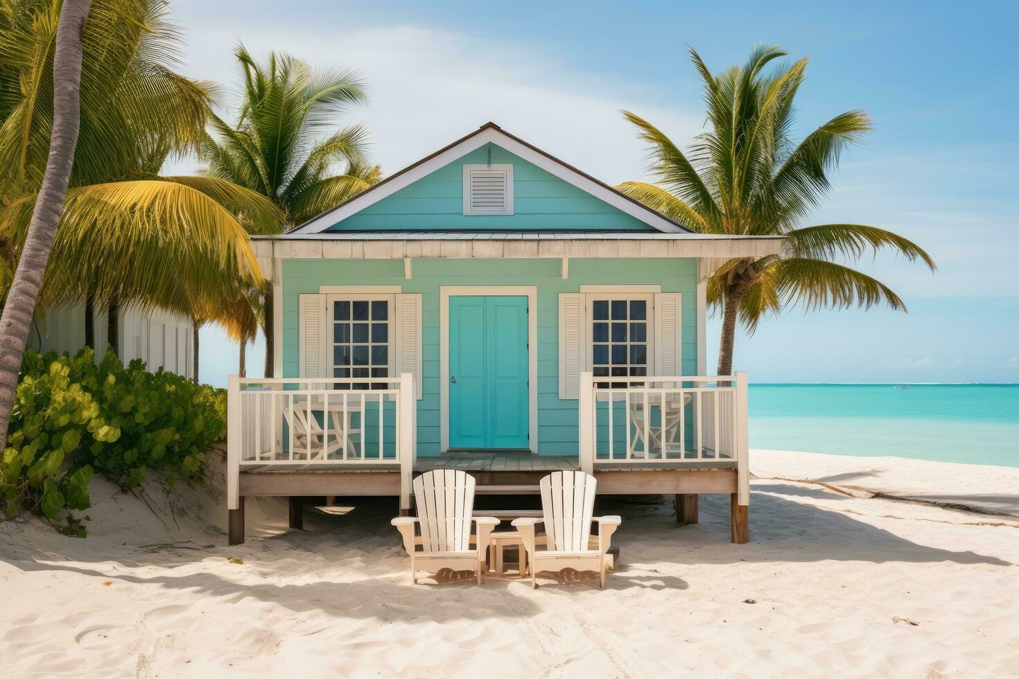 AI generated Beach front bungalow with sandy tones weathered shutter photo