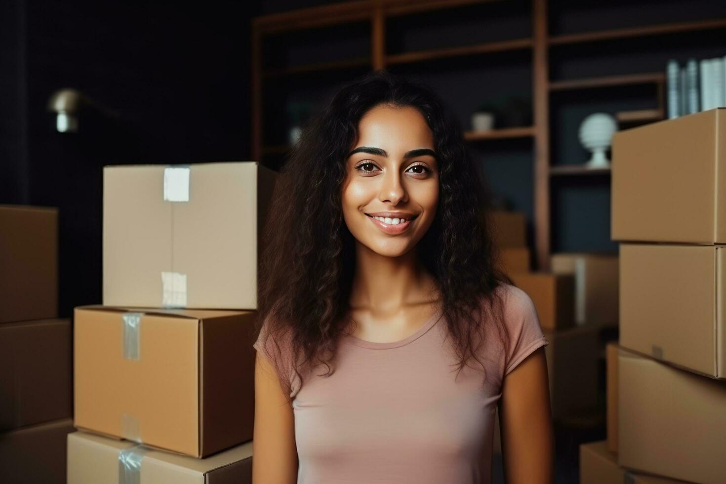 ai generado mujer Moviente nuevo casa vacío cartulina caja foto