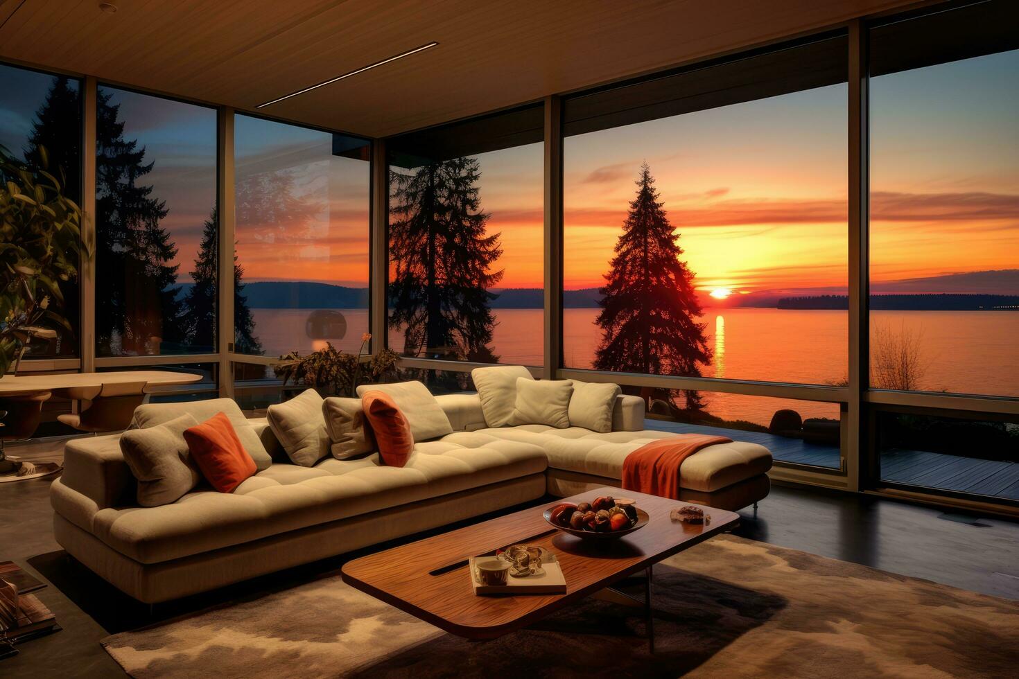 AI generated Beautiful Living Room with Sunrise View photo