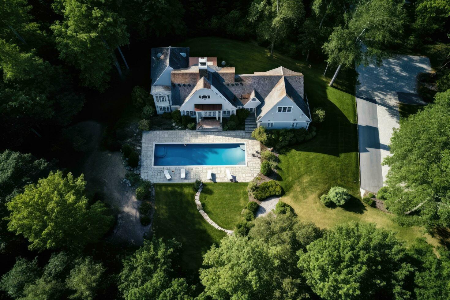 AI generated drone view of real estate house photo