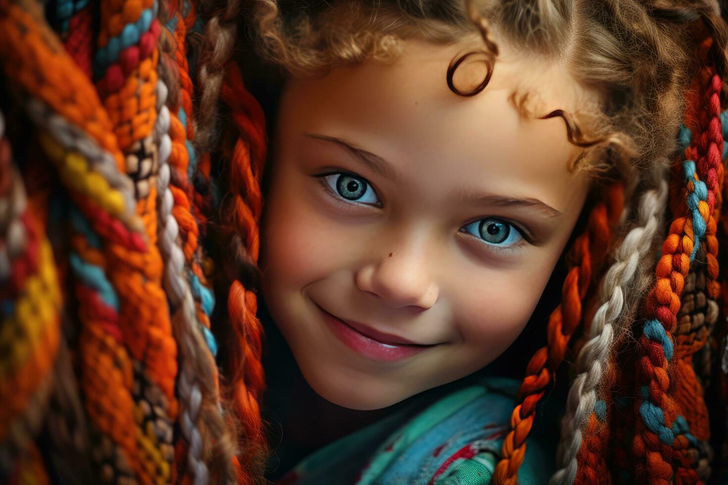AI generated portrait of a child with bright curious eyes photo