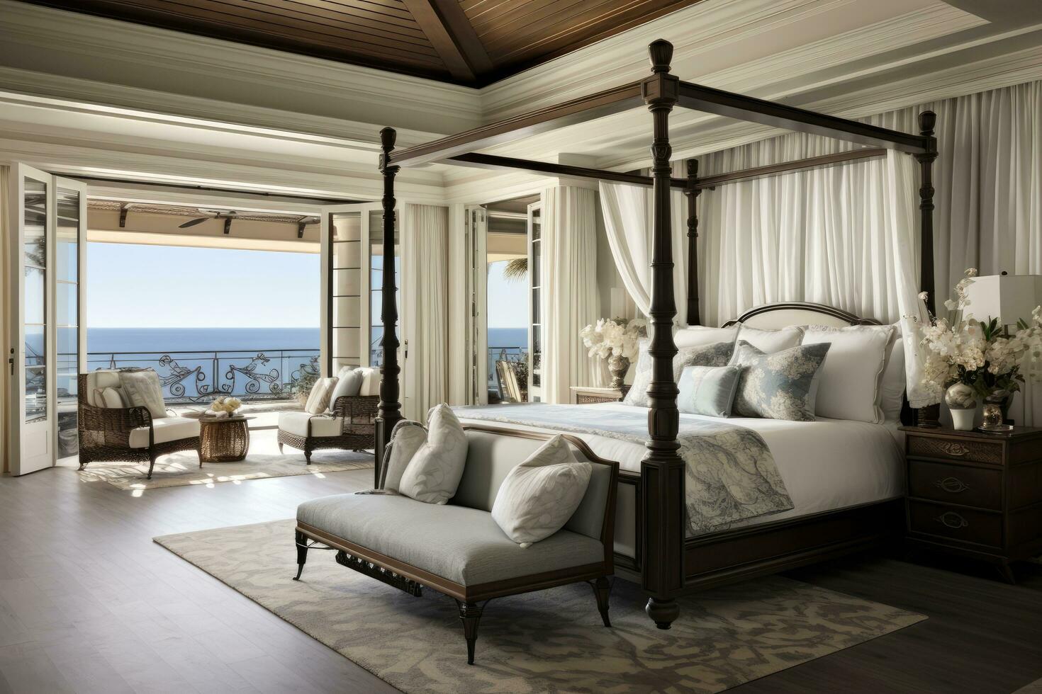 AI generated Luxurious master bedroom with a four poster bed drapes photo