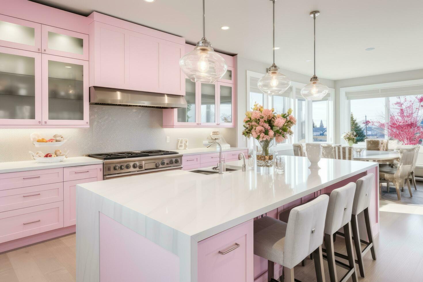 AI generated beautiful pink kitchen in new luxury home with large pantry photo