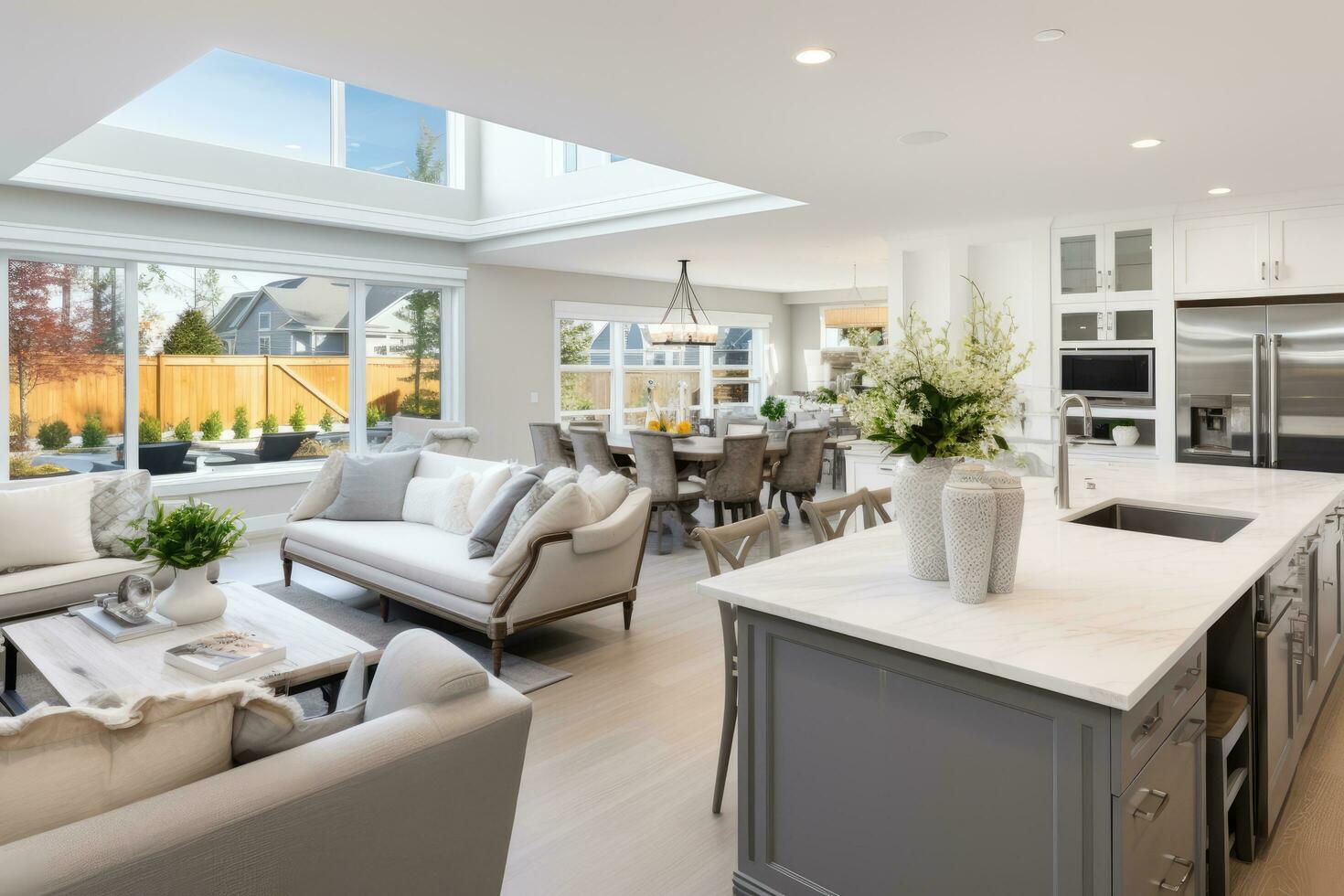 AI generated Kitchen and living room in stunning new luxury home photo