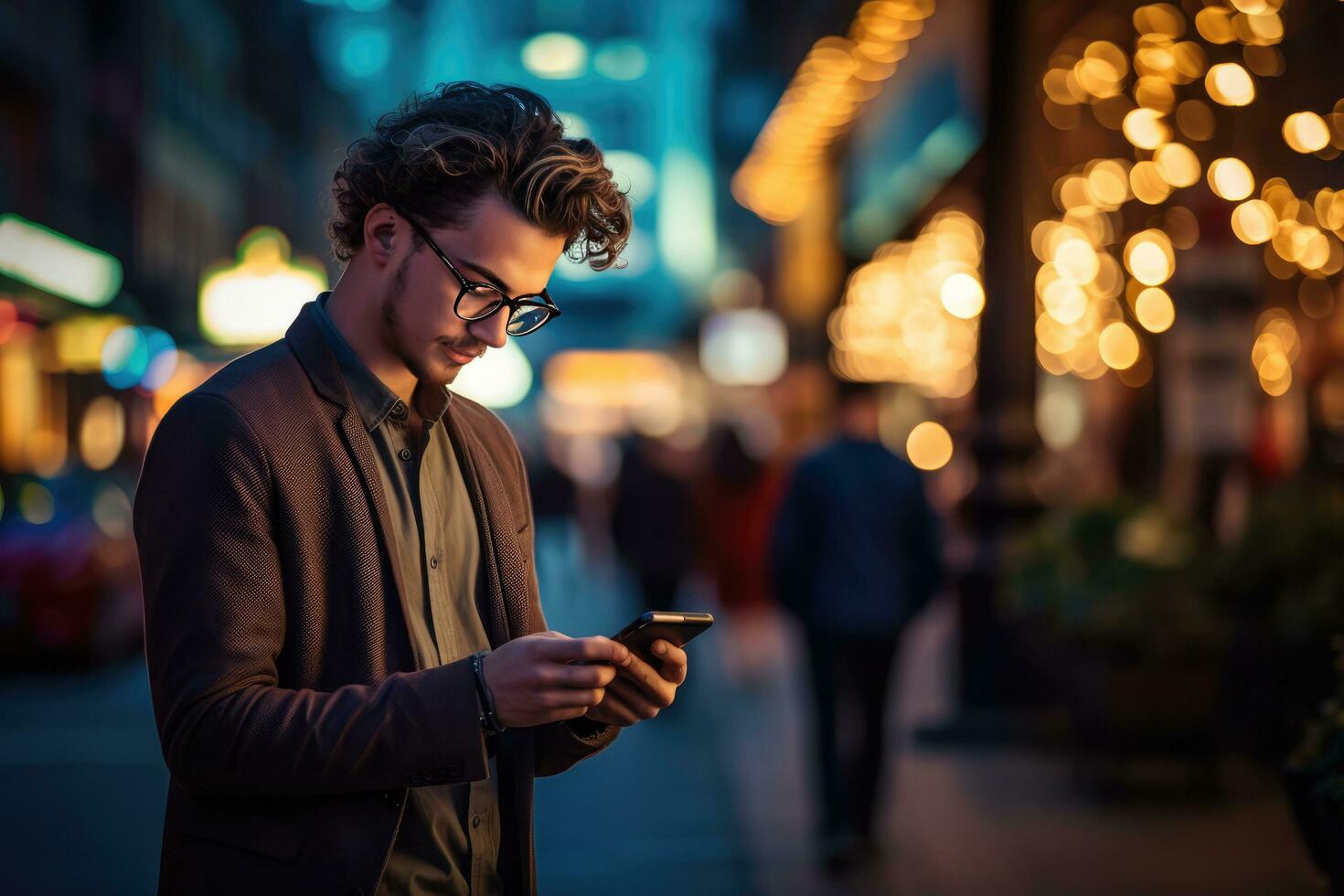 AI generated young man using smartphone social media concept photo