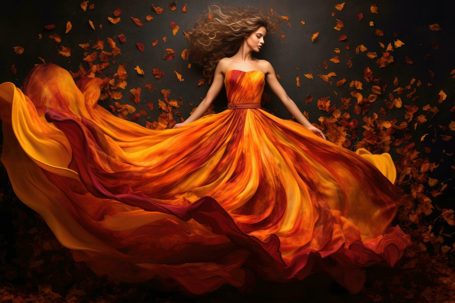 AI generated dress made of autumn leaves girl photo