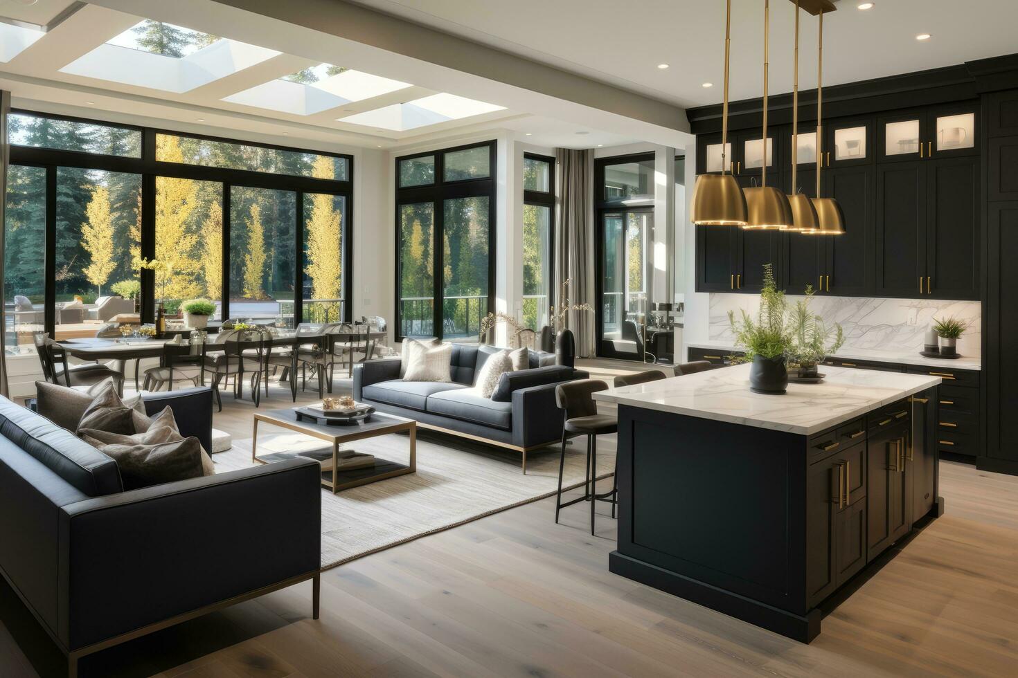 AI generated black Kitchen and living room in stunning new luxury home photo