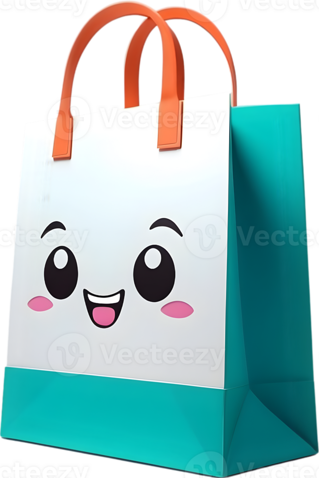 ai generado dibujos animados compras bolso con sonriente cara png