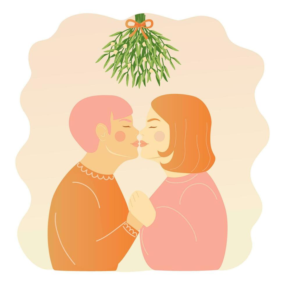 niña Pareja besos debajo muérdago en antecedentes en rosado y naranja colores Navidad tradicion saludo tarjeta ilustración vector