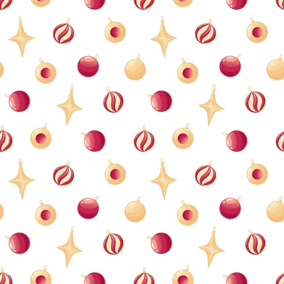 Christmas seamless pattern with golden and red Christmas tree ornaments on white background. Background illustration with Christmas decoration vector