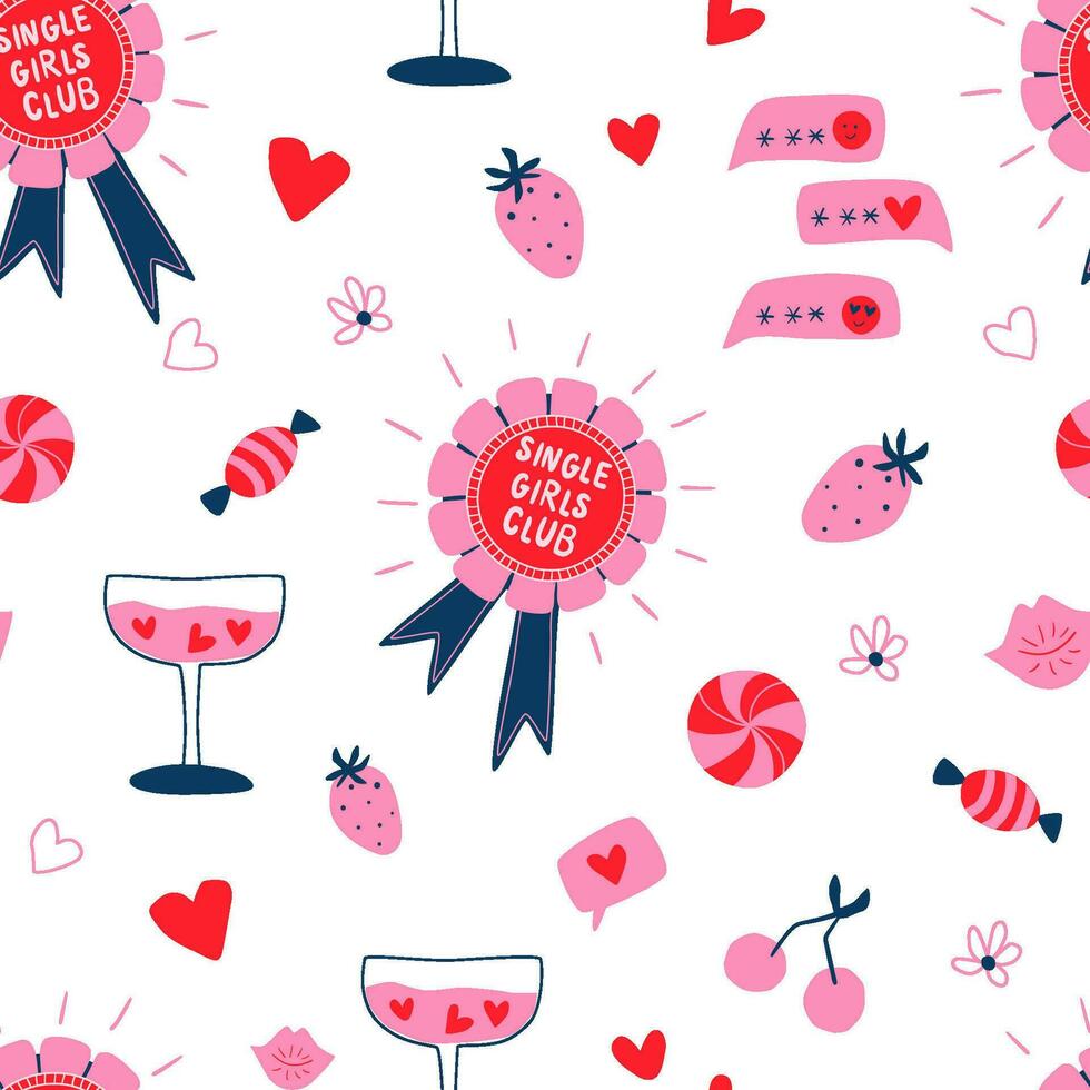 Pink Galentines day seamless pattern. Girlfriend day repeat background. Vector romantic elements - award symbol, wine with hearts, sweets, strawberry, cherry. Valentines day print, wallpaper, wrapping