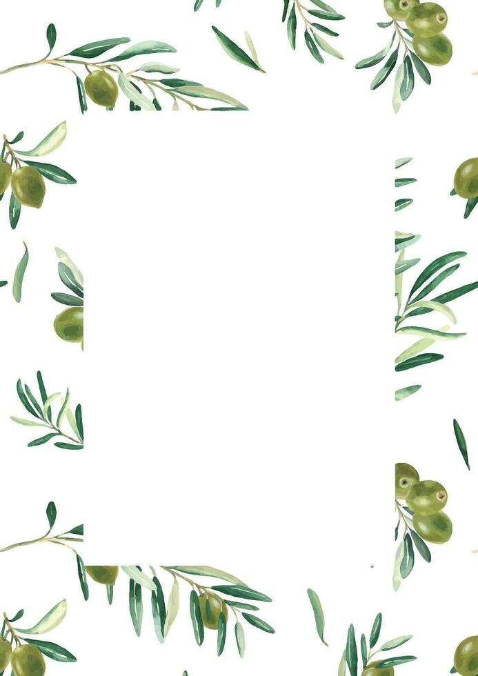 Floral background card template with green olive branches pattern. For save the date, greeting, rustic wedding card and cover design. vector