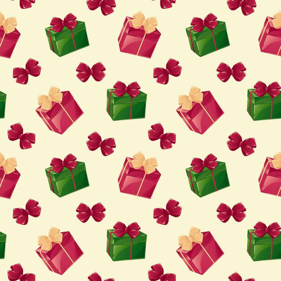 Seamless pattern with red and green gift box witn bows on pink background. Background illustration with Christmas, New Year, birthday presents vector