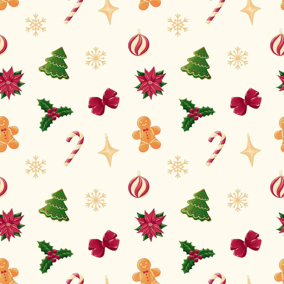 Christmas seamless pattern with holly berries, poinsettia flower, gingerbread, ornaments, snowflakes. Vector background with Christmas decoration illustrations