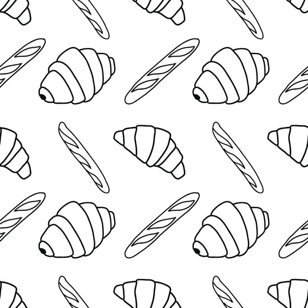 Bread seamless pattern on white background. Croissants and baguettes line vector illustration in doodle stile.