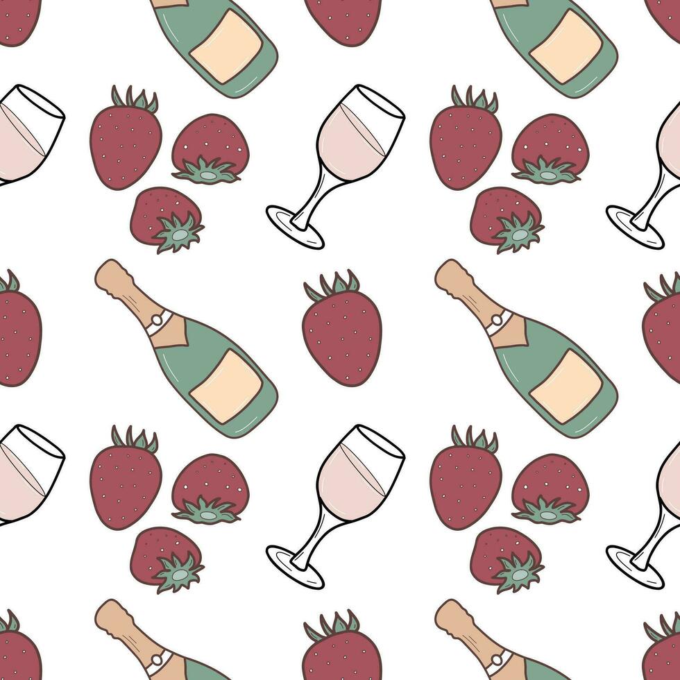 Romantic seamless pattern. Champagne and strawberries. Colored vector design for fabric, scrapbooking or packaging for Valentine day.