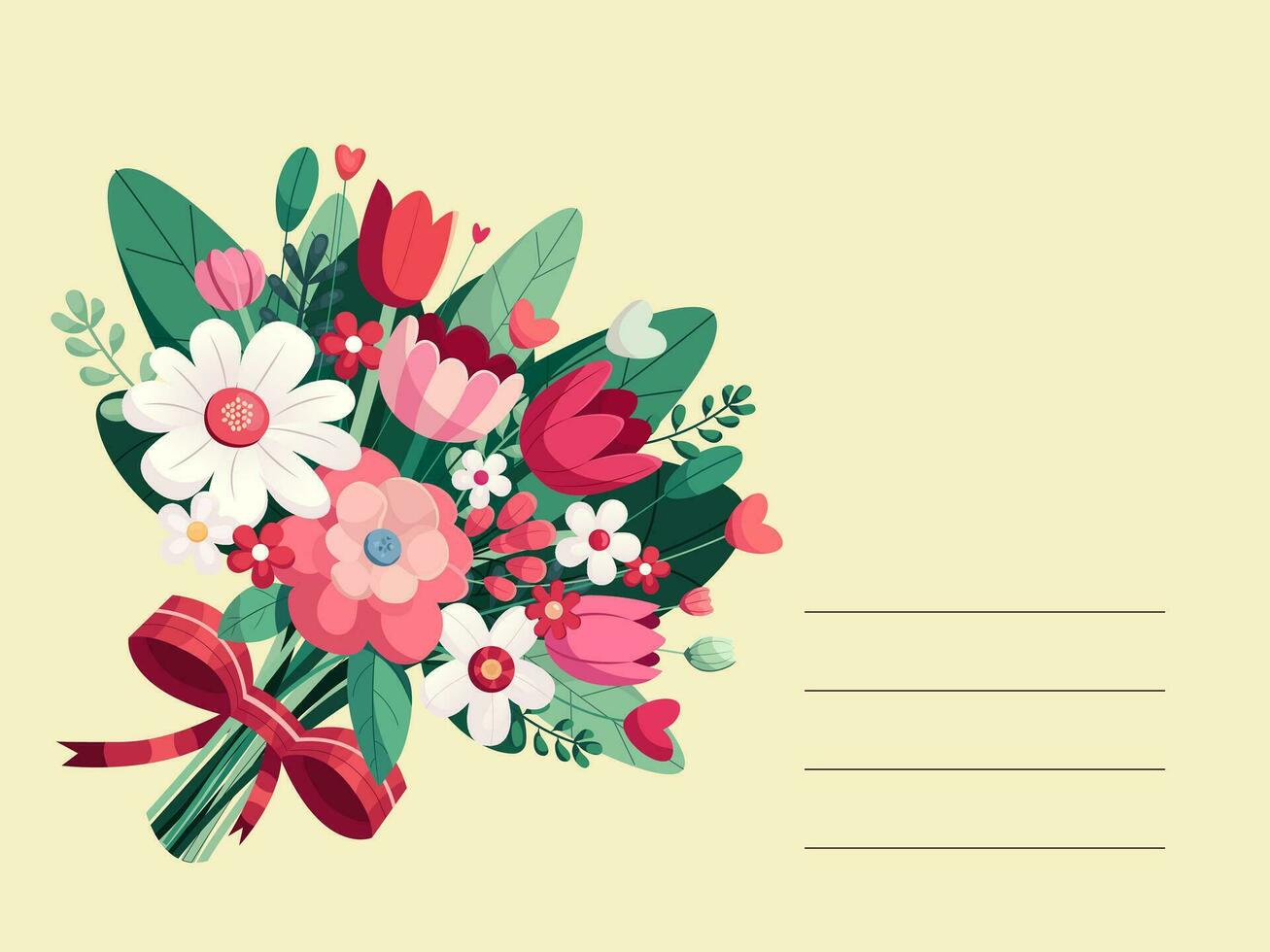 Template greeting card on yellow background for girls, women with a bouquet of flowers. With fields for text and wishes. Holiday, event, congratulation vector