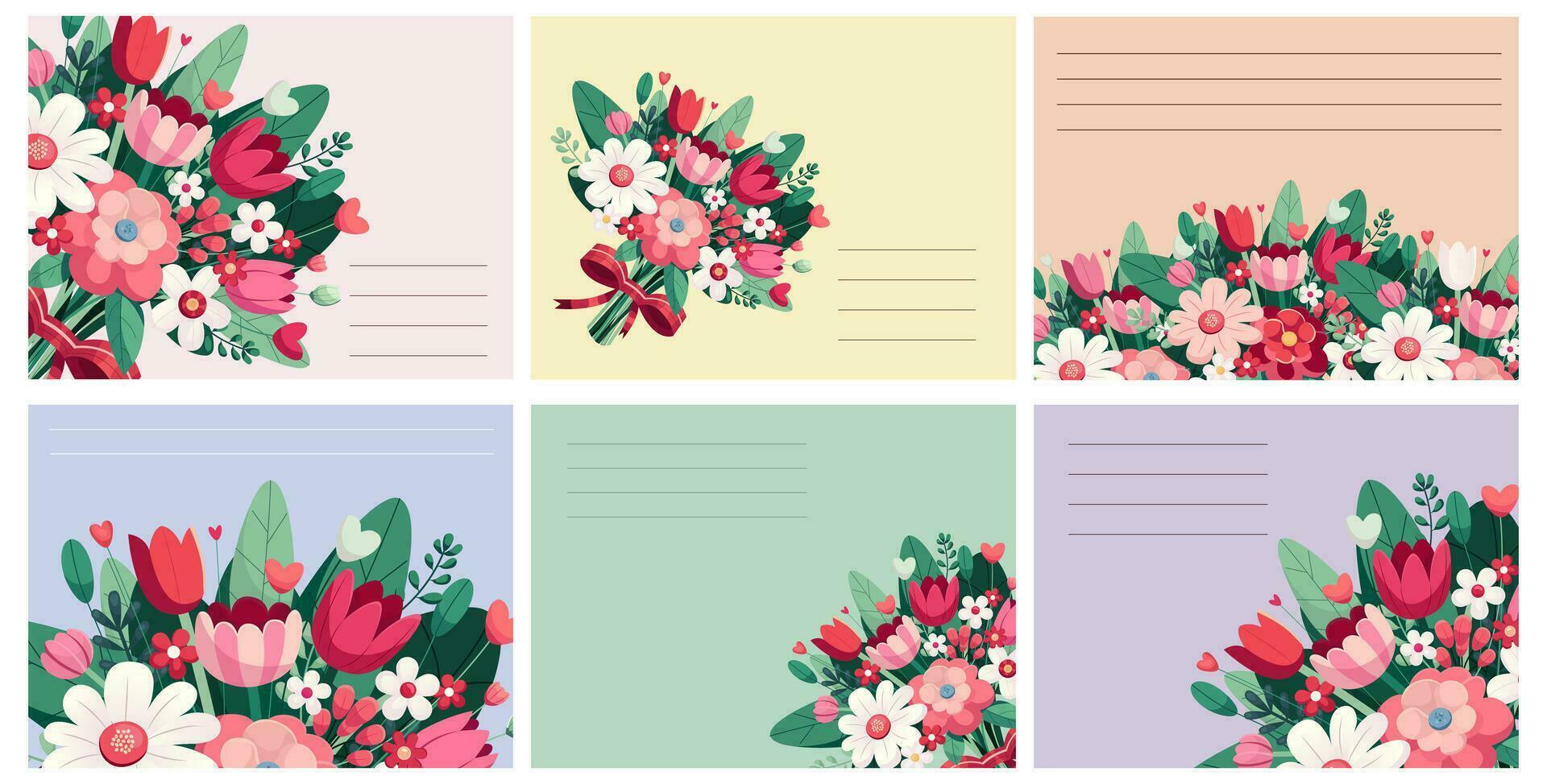 grande colección saludo tarjeta modelo. tarjeta postal internacional De las mujeres día para chicas, mujer con muchos flores con campos para texto y deseos. día festivo, evento, felicidades vector