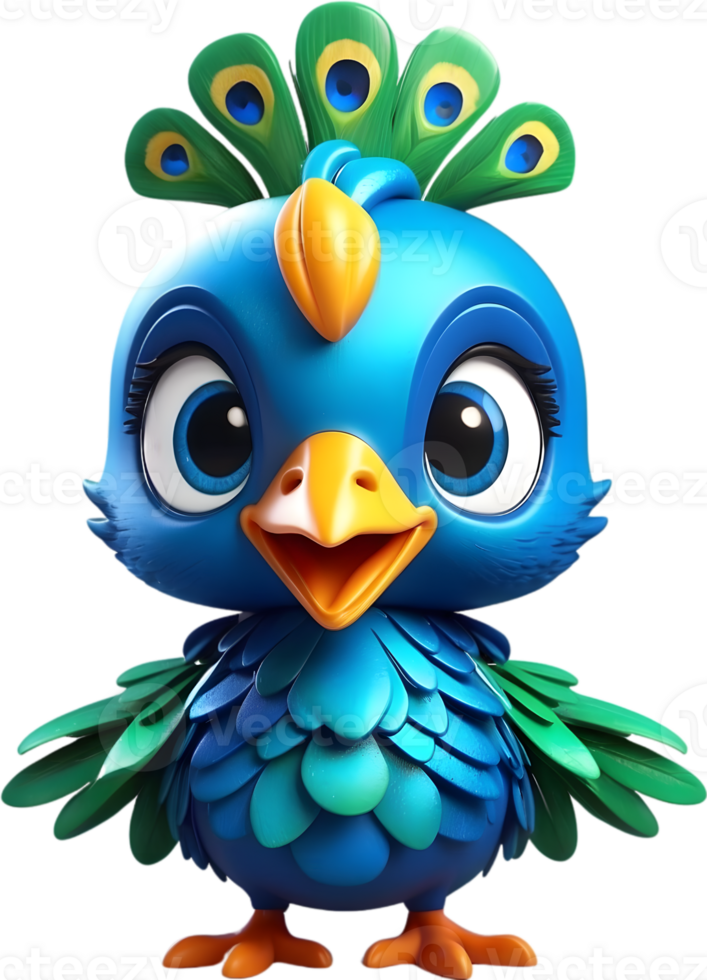 ai genererad tecknad serie blå fågel med grön fjädrar och blå ögon png