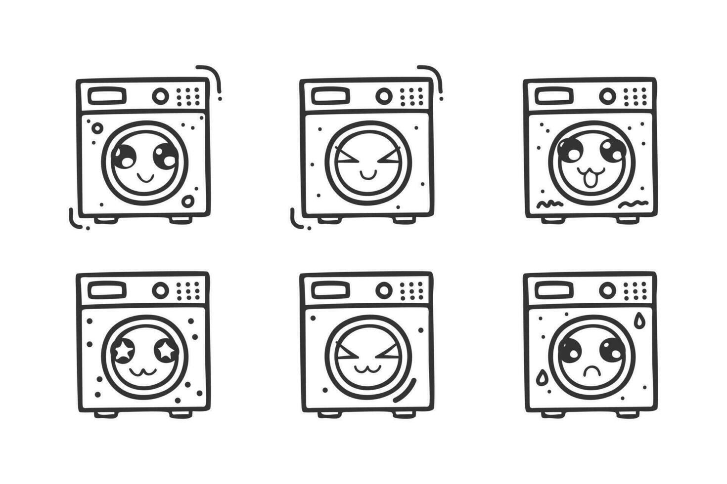 hand drawn washing machine character with various expressions vector