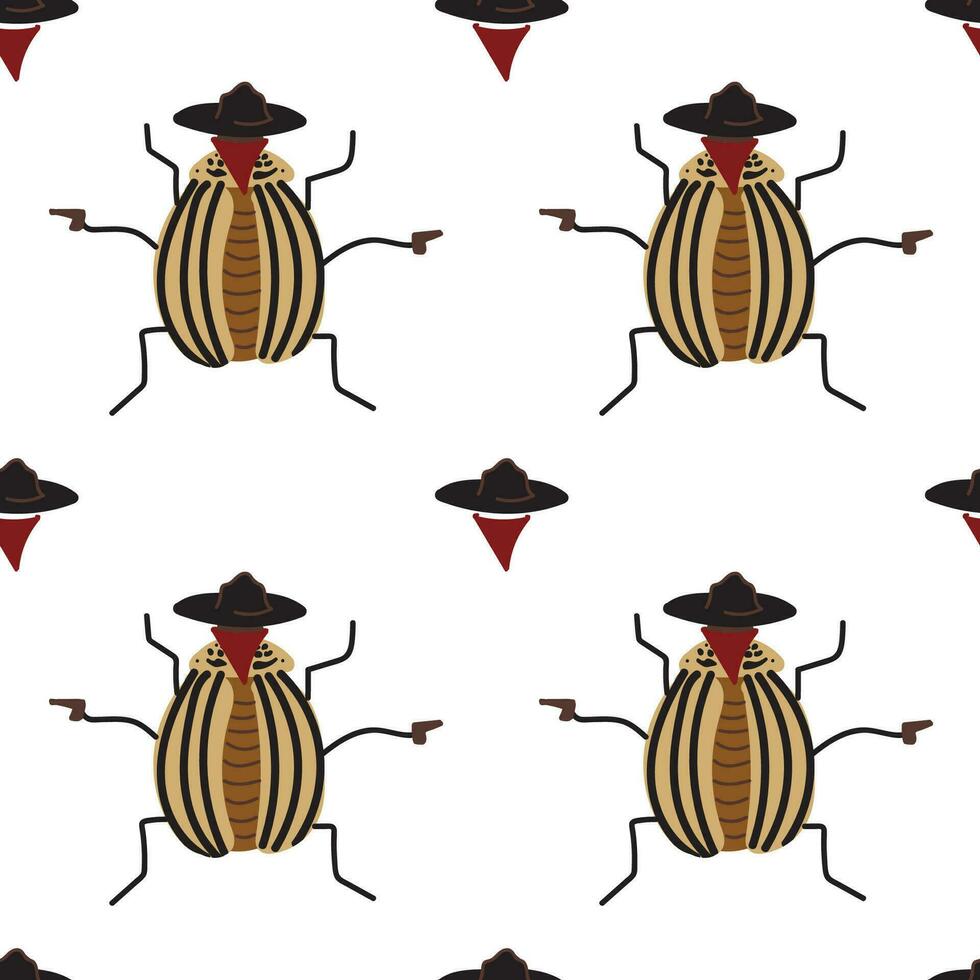 Colorado potato beetle dressed as a bandit from the wild west. Seamless pattern on a white background. Vector. vector