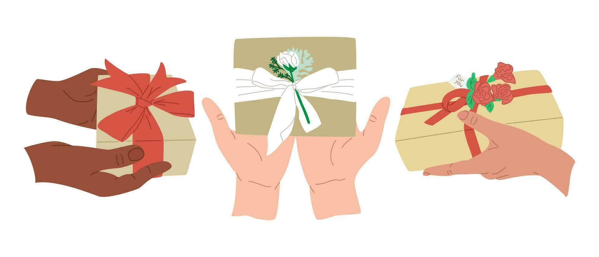 Three diverse hands with wrapped gift boxes. Different color skin hands giving gifts on holiday. Birthday, Valentines, anniversary, wedding concept compositions. Good for sticker, printout, pattern vector