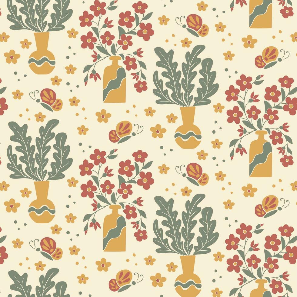 Seamless pattern with floral bunches in vases on light background. Hand drawn flat abstract flowers, leaves in vases. Trendy retro print design for textile, wallpaper, interior, wrapping paper vector