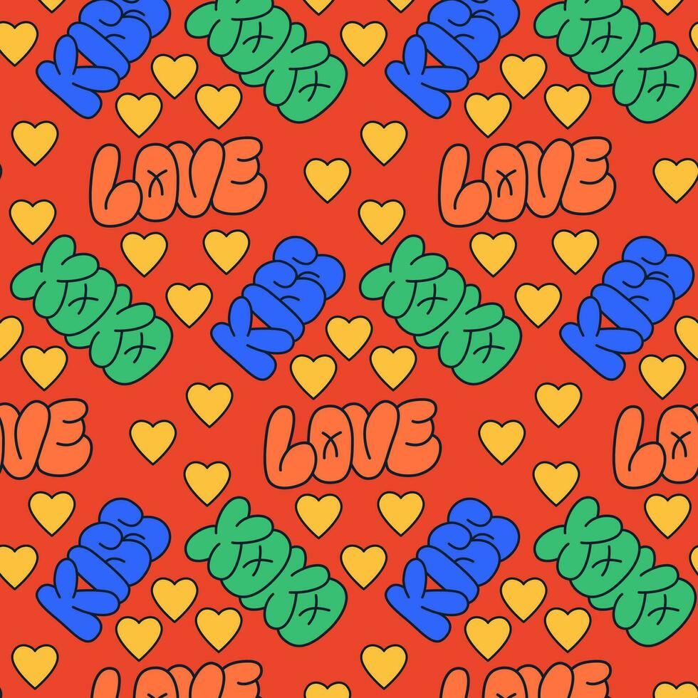 Bright childish retro 90s style pattern with word. Hand drawn words kiss, love, xoxo in bubble, street style graffiti style. Hearts on red background. Perfect for Valentines background. vector