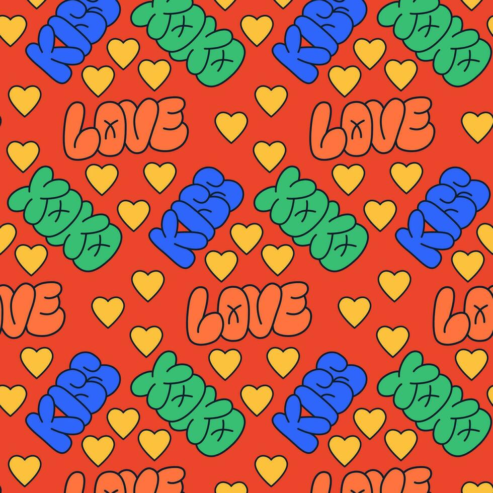 Bright childish retro 90s style pattern with word. Hand drawn words kiss, love, xoxo in bubble, street style graffiti style. Hearts on red background. Perfect for Valentines background. vector