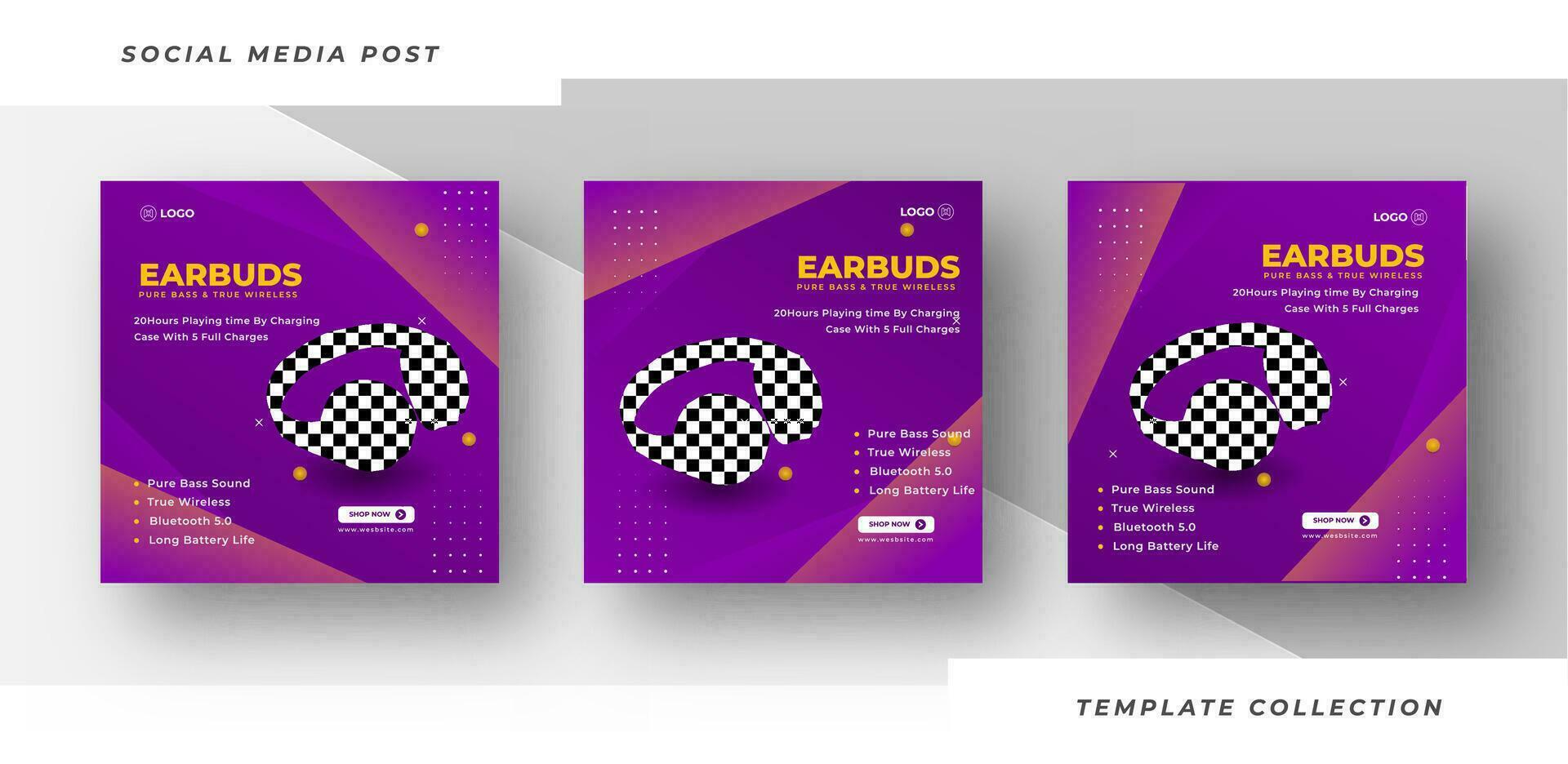 Set of editable square banners templates, Earbuds headphone social media post template. Pro Vector