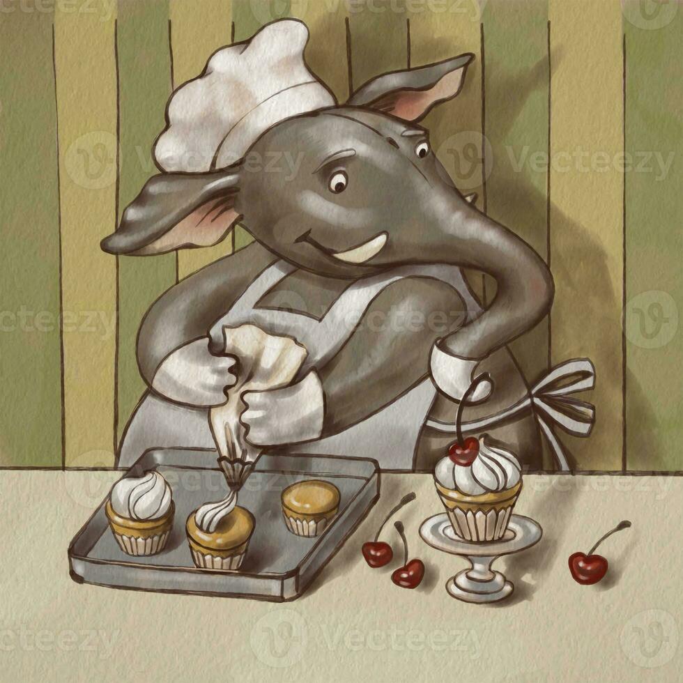 Cute Elephant Chef Character in Uniform Cooking Meal Digital book illustration photo