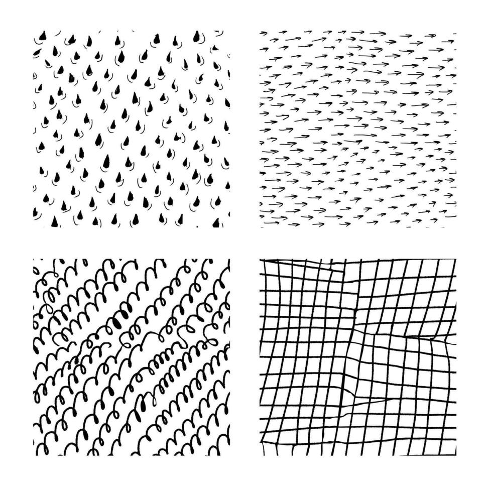Ink hand drawn doodle abstract seamless textures. Set of four seamless textures with scribbles, drops, crossed lines and arrows lines. Modern trendy background or illustration. vector