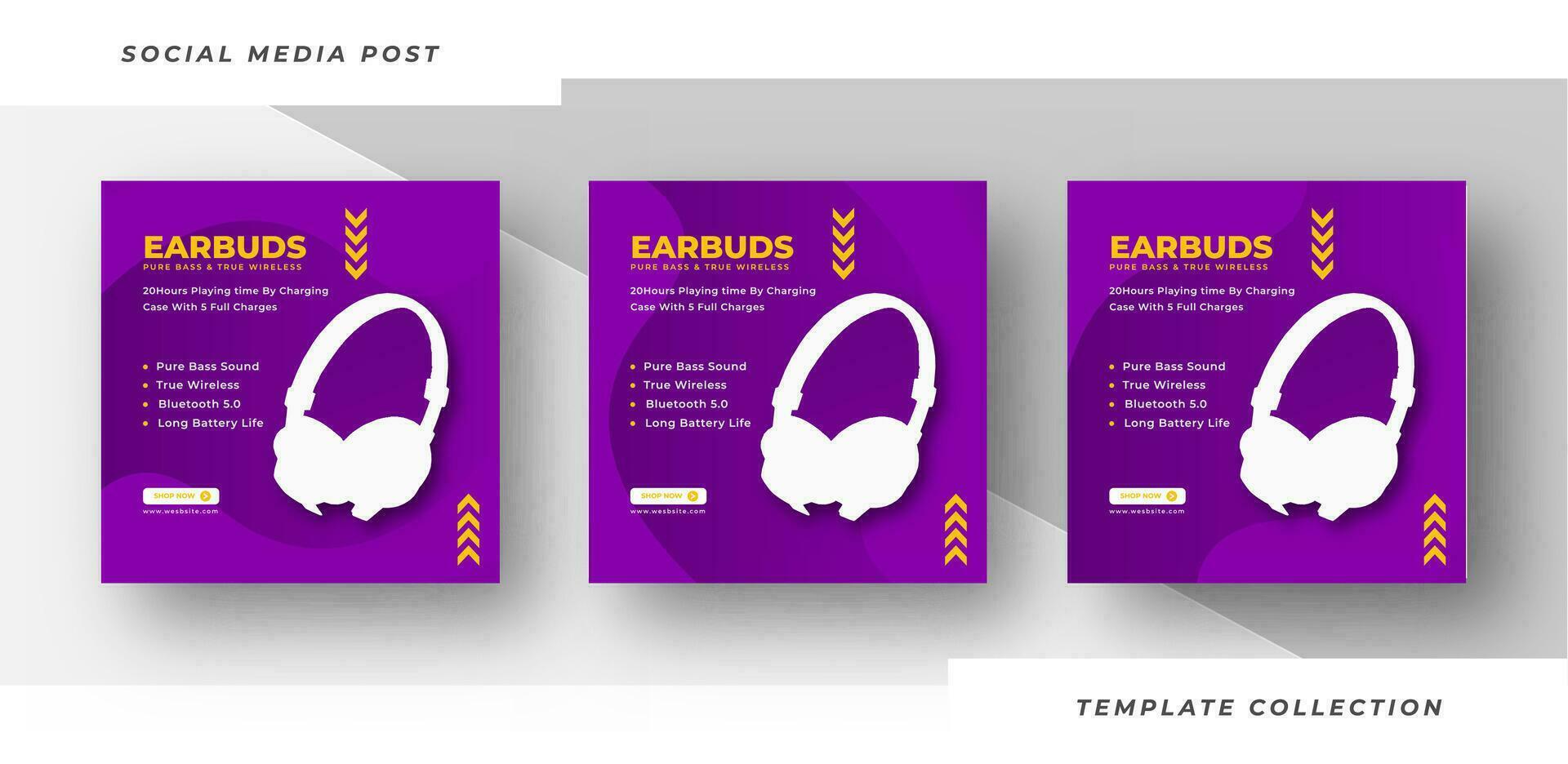 Set of editable square banners templates, Earbuds headphone social media post templates. Pro Vector