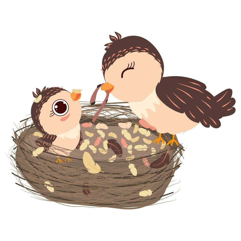 A bird feeds its chick in the nest. Vector