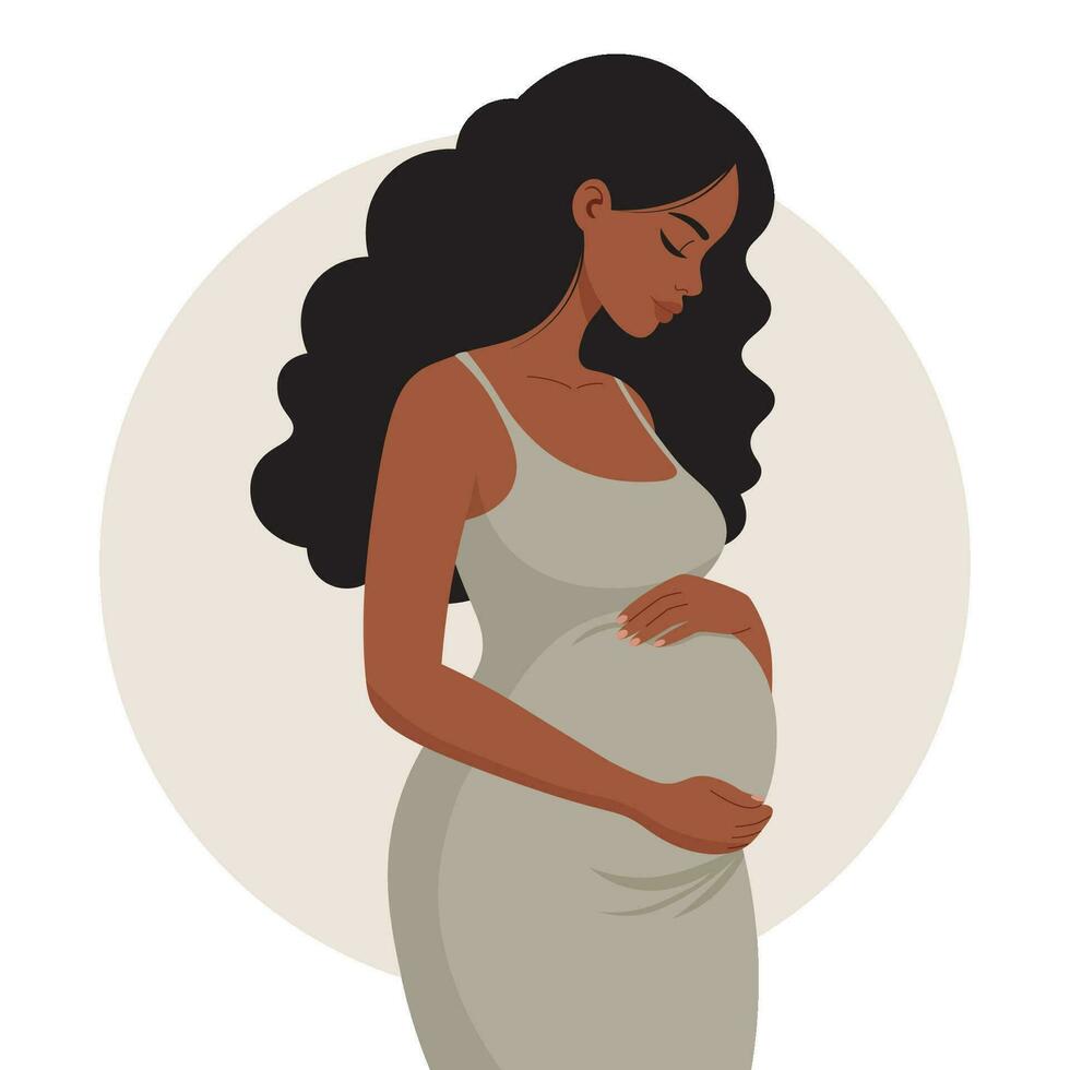 embarazada africano americano mujer perfil, moderno maternidad clipart, esperando madre vector ilustración en un amable pastel fondo.